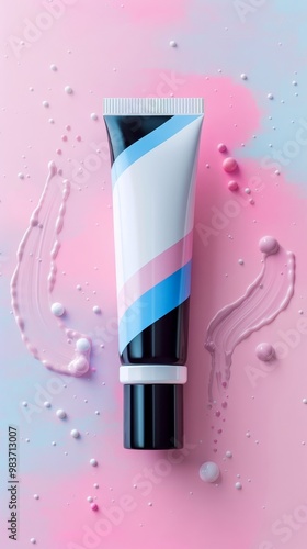 White Tube of Cream on a Pink and Blue Background with Splashes of Color