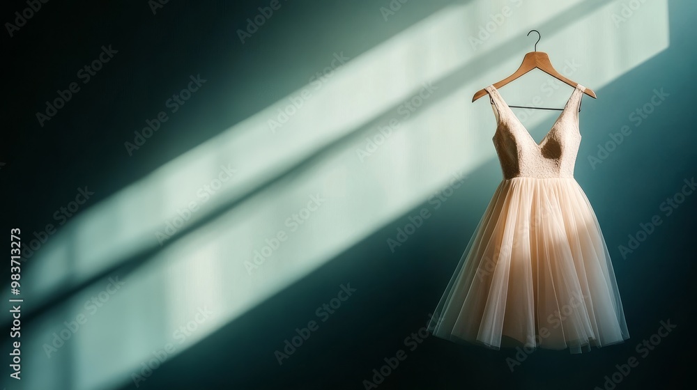 Naklejka premium A delicate tulle dress hangs on a wire hanger, illuminated by soft light streaming through a window. The dress, a symbol of elegance and femininity, evokes feelings of joy and anticipation.