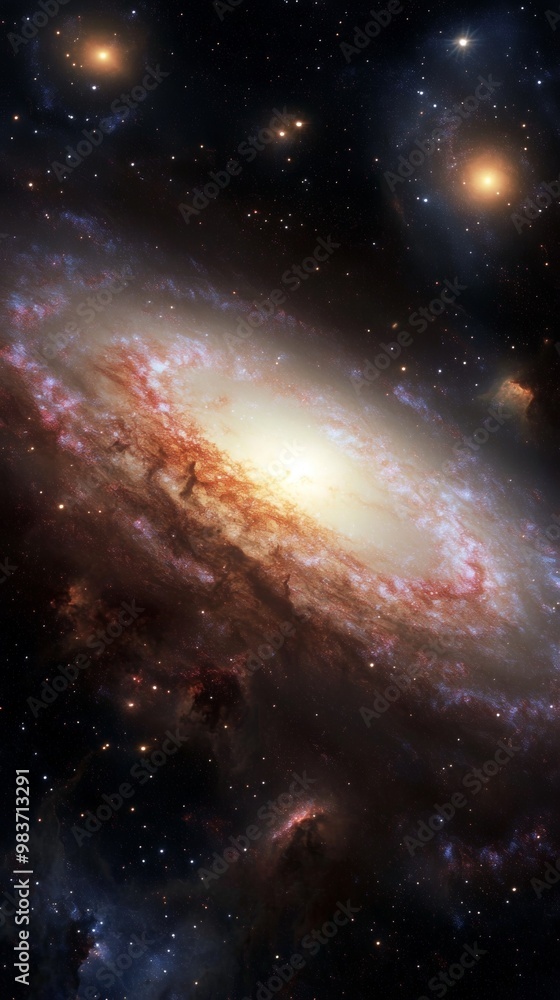 Obraz premium A sprawling view of a distant galaxy with swirling nebulae and glowing stars