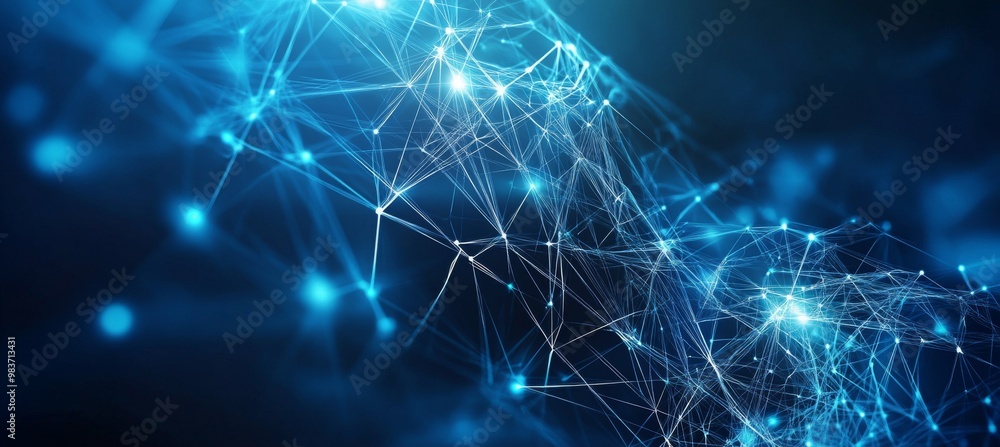 Abstract digital technology background with blue glowing network connections and AI icon on dark backdrop Abstract digital technology background with blue glowing network connections and AI icon on dark backdrop