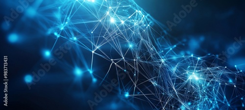 Abstract digital technology background with blue glowing network connections and AI icon on dark backdrop