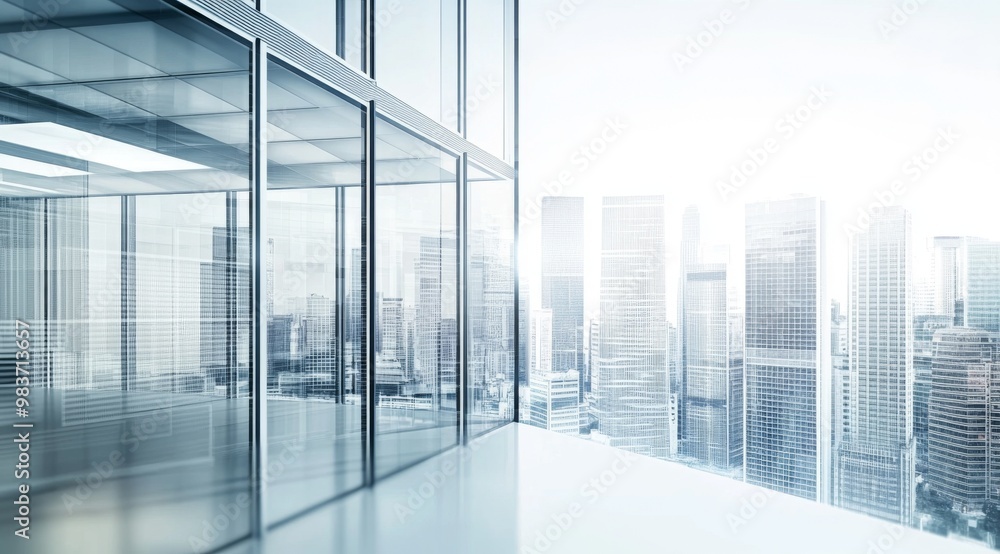 3D rendering of modern glass office building with panoramic windows and cityscape view in the distance 3D rendering of modern glass office building with panoramic windows and cityscape view in the distance