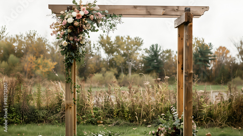 Rustic Wedding Arch: A simple yet elegant wooden archway adorned with a cascading bouquet of blush and white flowers, creating a beautiful backdrop for an outdoor wedding ceremony. The arch stands tal photo