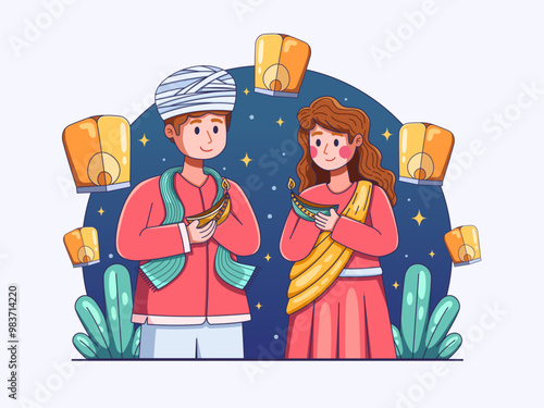 Diwali celebration illustration featuring two people dressed in exquisite Indian clothing, holding diyas, traditional Indian oil lamps, with flying lanterns in the background.