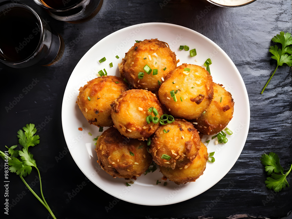 Fried potatoes balls with meat on black background. Snack to beer. Fast food.
Fried potatoes balls with meat on black background. Snack to beer. Fast food.