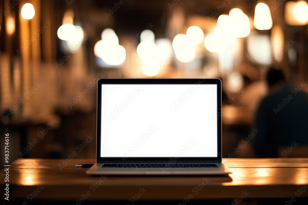 High-resolution close-up of a laptop with a blank white screen on a table in a coffee shop, with blurred background and bokeh effect. High-resolution close-up of a laptop with a blank white screen on a table in a coffee shop, with blurred background and bokeh effect.