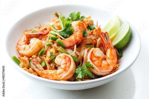 A flavorful and visually appealing plate of Pad Thai with shrimp, garnished with lime wedges and fresh cilantro. This dish is a perfect balance of sweet, savory, and spicy flavors.