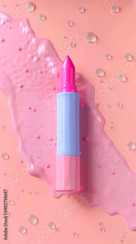 Pink Lipstick Tube Against a Pink and White Background with Spilled Lipstick photo