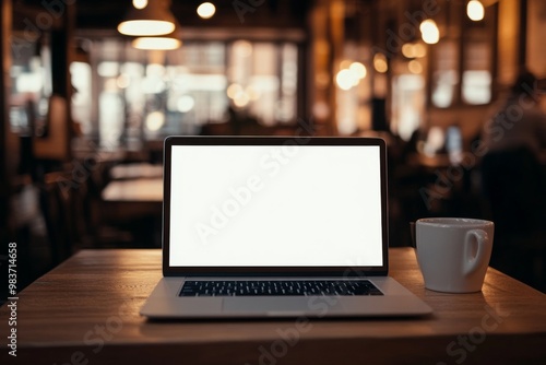 High-resolution close-up of a laptop with a blank white screen on a table in a coffee shop, with blurred background and bokeh effect.