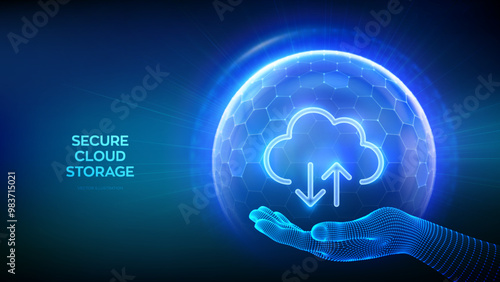 Secure Cloud Storage. Cloud icon inside transparent protection sphere shield with hexagon pattern in wireframe hand. Cloud computing. Database storage, Data center protection. Vector illustration.