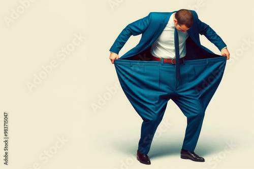 A man in a suit who has too big pants. Space for text.