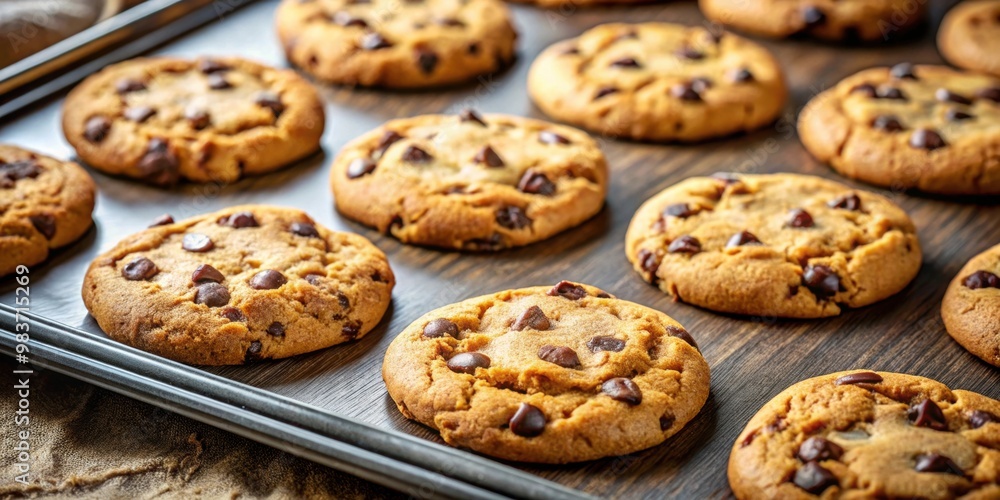 Close-up of freshly baked chocolate chip cookies with a crispy, golden texture on a baking tray , cookies, baked Close-up of freshly baked chocolate chip cookies with a crispy, golden texture on a baking tray , cookies, baked