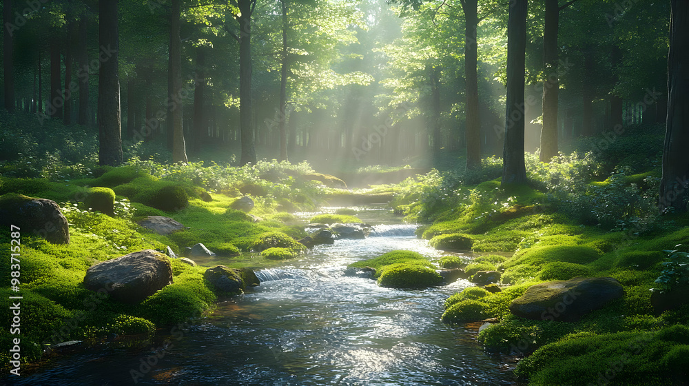 Obraz premium Sun Rays Through Forest Stream 3D Illustration