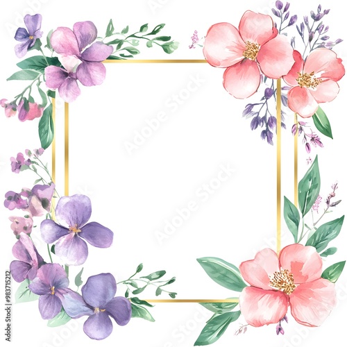  A square blank white card with pink and fuchsia flowers around the edges, in the style of watercolor, white background