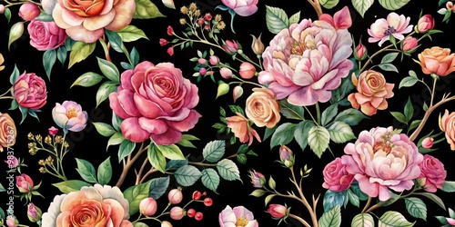 Watercolor garden rose bouquet and blooming tree on black background seamless pattern, watercolor