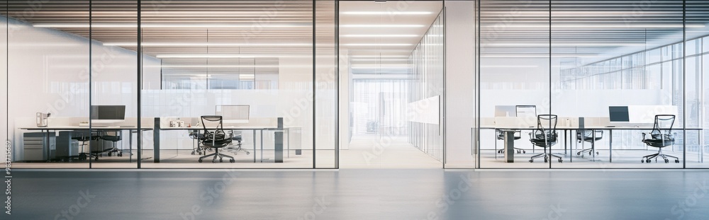 3D rendering of a modern office space with glass walls and desks, ideal for corporate branding mockups, in high-resolution 8K. 3D rendering of a modern office space with glass walls and desks, ideal for corporate branding mockups, in high-resolution 8K.