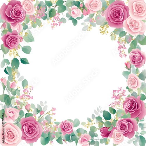 A square frame made of pink and fuchsia flowers, leaves, roses, and eucalyptus on a white background, 