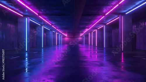 Neon Lights in a Dark Tunnel - 3D Illustration