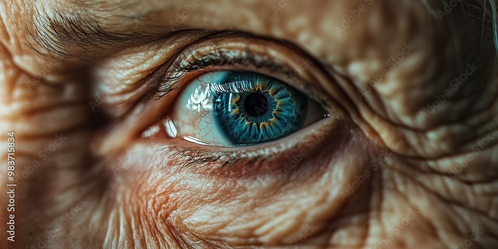 A close-up of an elderly woman's eye, showing deep wrinkles and expressive blue eye