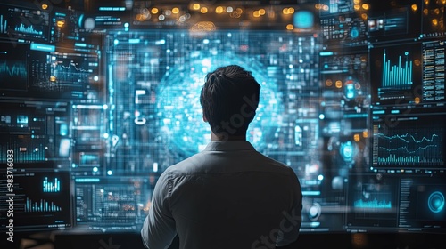 Man Observing a Wall of Data and Charts