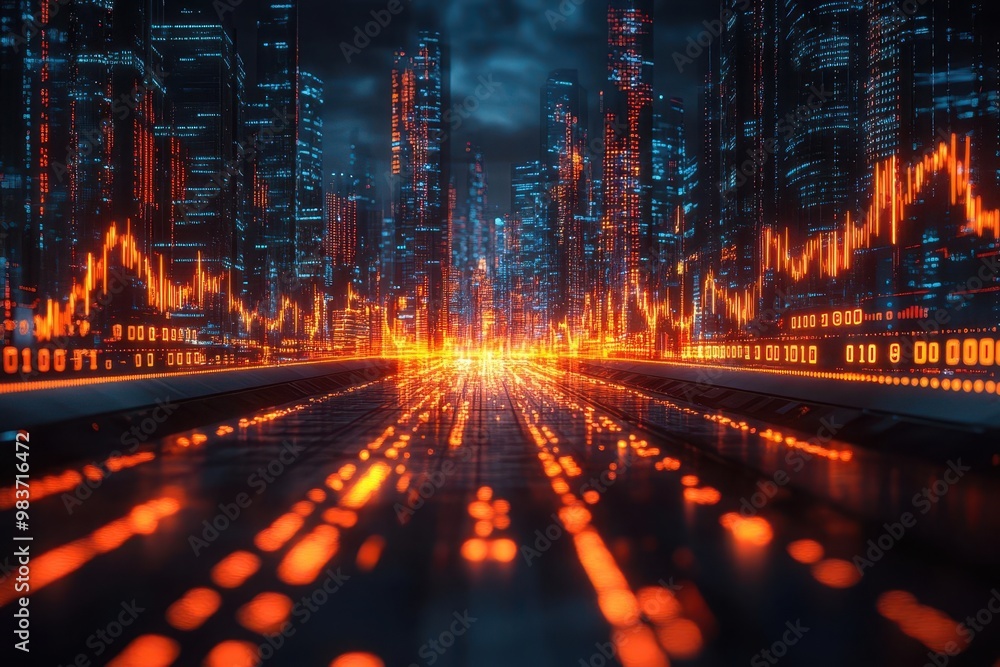 abstract financial concept illustrating investment growth with glowing graphs and charts rising from a digital landscape of binary code and circuit patterns abstract financial concept illustrating investment growth with glowing graphs and charts rising from a digital landscape of binary code and circuit patterns