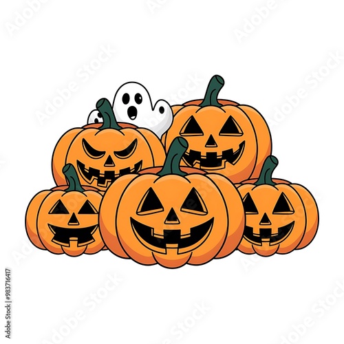 Set of Jack O Lantern Halloween pumpkin in pile single group on transparent background cutout.