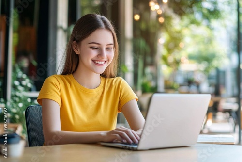 Smiling young woman in a yellow t-shirt working on her laptop indoors, using modern technology for work or study, focused and happy in a professional environment.