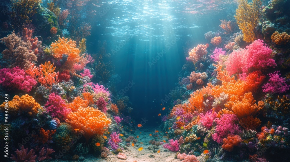 Fototapeta premium Vibrant underwater scene with colorful coral reefs and fish.