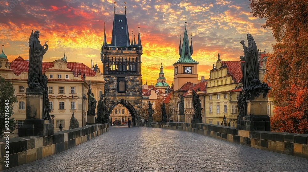 Fototapeta premium Charles Bridge, Prague, Czech Republic at Sunset