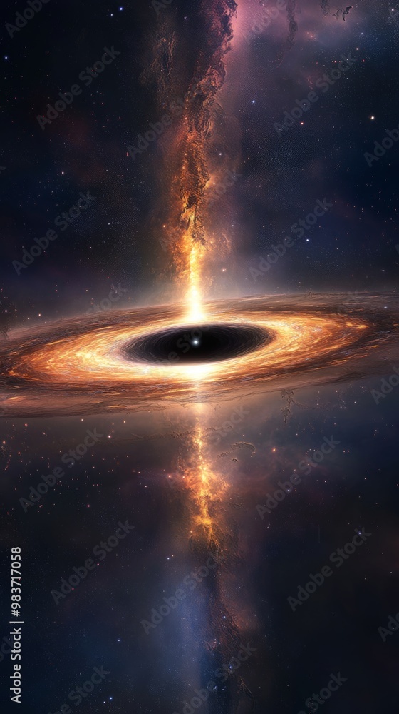 Obraz premium A vast galactic horizon with a black hole at its center, pulling in light and matter