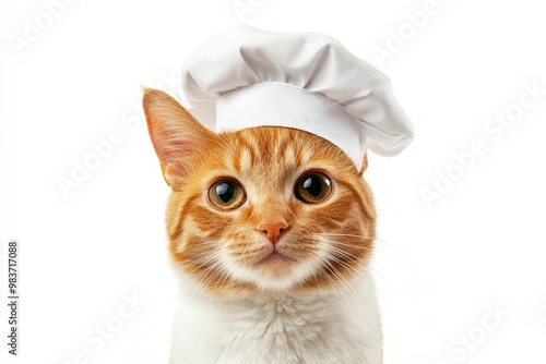 A ginger cat wearing a white chef hat, looking at the camera with a playful expression. Perfect for culinary, pet, and food-related themes.