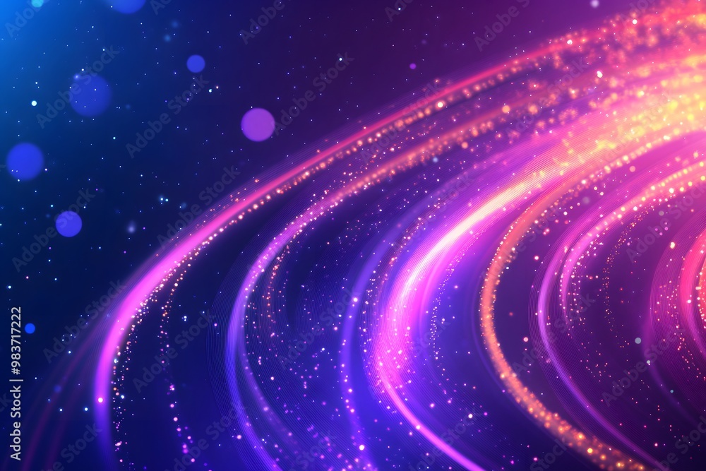 Abstract background with glowing neon lines and stars on a dark blue backdrop. Digital technology concept, Abstract background with glowing neon lines and stars on a dark blue backdrop. Digital technology concept,