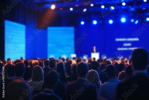 Large crowd gathered in front of a conference stage with speakers, set against a blurred blue background, capturing the event atmosphere.