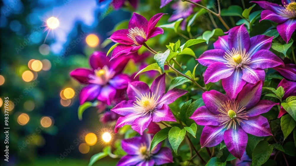 Close-up square painting of beautiful blooming clematis flowers in the night garden, printable wall art, clematis, flowers Close-up square painting of beautiful blooming clematis flowers in the night garden, printable wall art, clematis, flowers