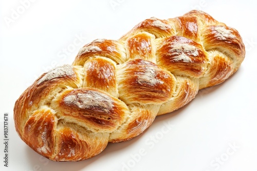 A golden-brown Hefezopf bread braid, a traditional German bakery treat, baked to perfection. The bread is braided with a beautiful, intricate pattern and looks soft and delicious.