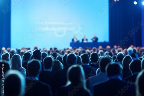 Large crowd gathered in front of a conference stage with speakers, set against a blurred blue background, capturing the event atmosphere.