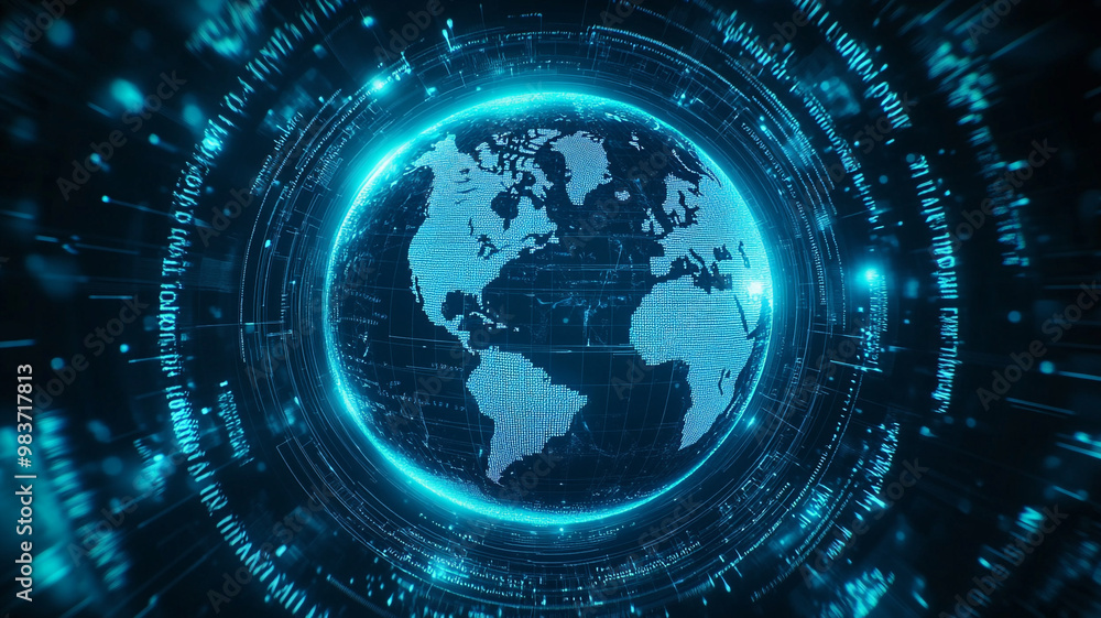 A glowing digital globe surrounded by data streams in a futuristic display of global connectivity A glowing digital globe surrounded by data streams in a futuristic display of global connectivity