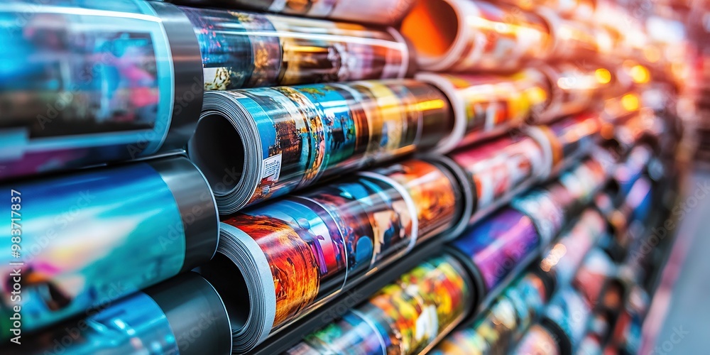 A close up of colorful magazine and newspaper cylindrical tubes with images printed on them A close up of colorful magazine and newspaper cylindrical tubes with images printed on them