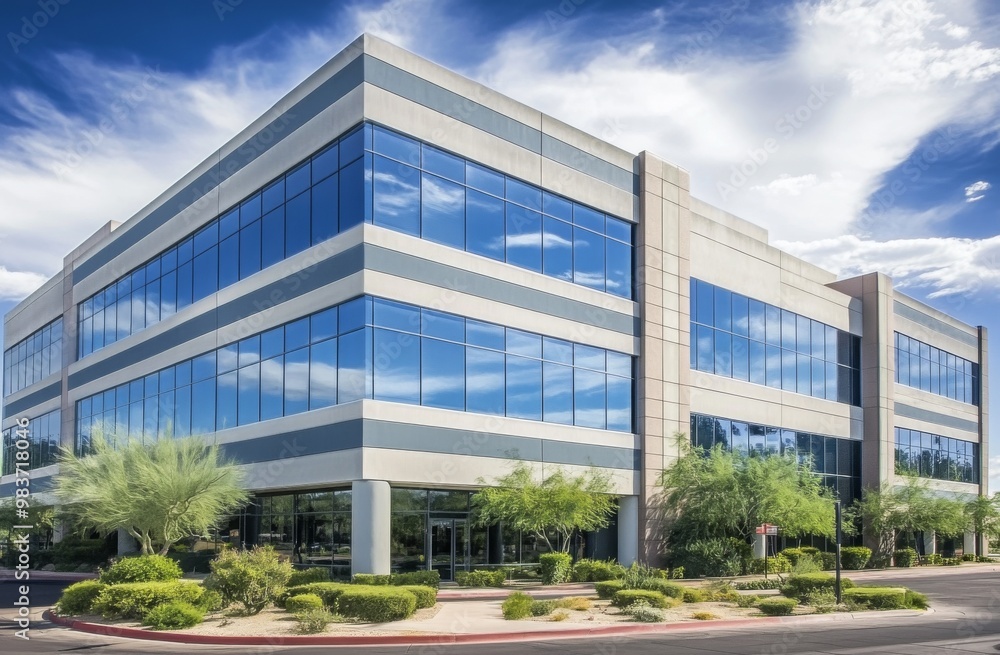Modern office building in Scottsdale, California with gray and blue exterior, large windows, surrounding greenery, trees, and bright sunny sky with white clouds. Modern office building in Scottsdale, California with gray and blue exterior, large windows, surrounding greenery, trees, and bright sunny sky with white clouds.