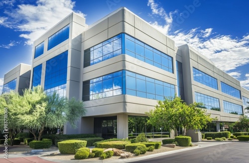 Modern office building in Scottsdale, California with gray and blue exterior, large windows, surrounding greenery, trees, and bright sunny sky with white clouds.