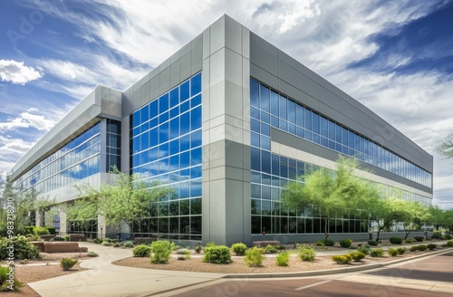 Modern office building in Scottsdale, California with gray and blue exterior, large windows, surrounding greenery, trees, and bright sunny sky with white clouds.