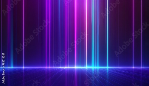 Abstract background with glowing neon lines and blue light, digital technology concept design, dark purple background, 