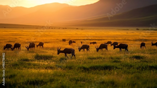 A large herd of black lechwe gracefully graze in an open grassland, silhouetted against the warm glow of a setting sun, capturing the essence of African wildlife and serene beauty.