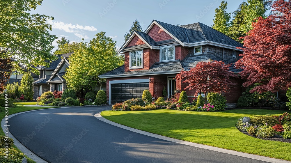 Brick House with Curving Driveway and Lush Landscaping Brick House with Curving Driveway and Lush Landscaping