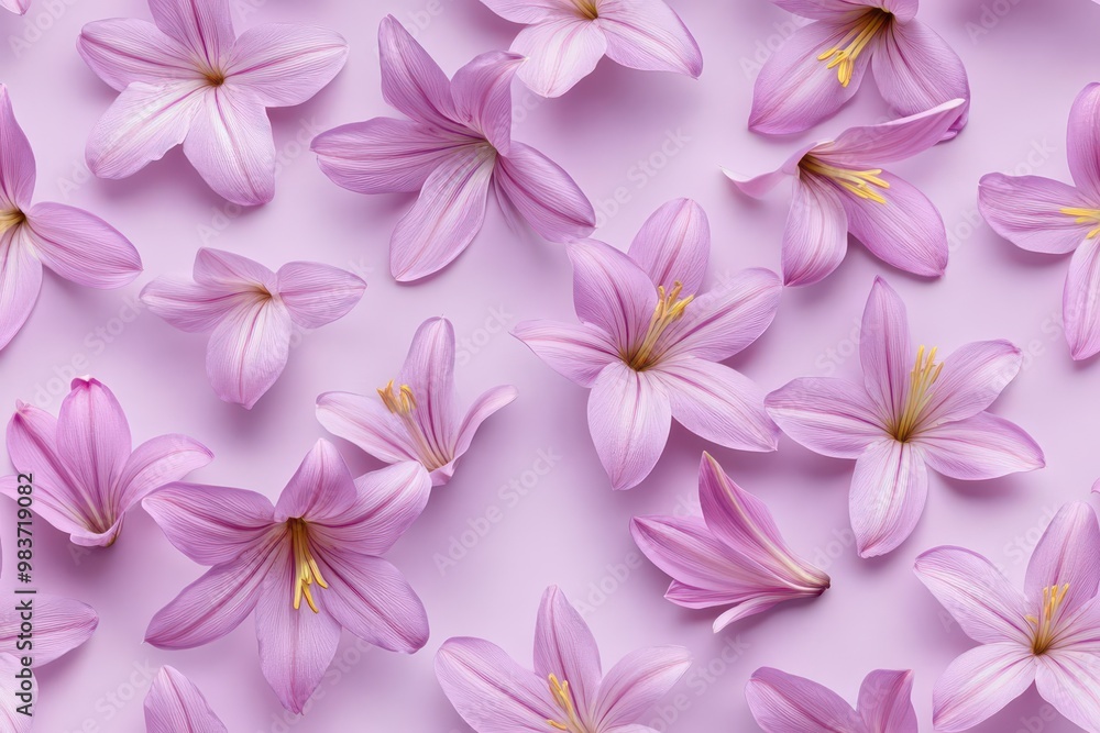 Zephyranthes pattern on soft lilac pastel background, top down perspective Zephyranthes pattern on soft lilac pastel background, top down perspective