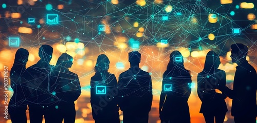 Visual of business professionals in collaboration with networking symbols depicted.