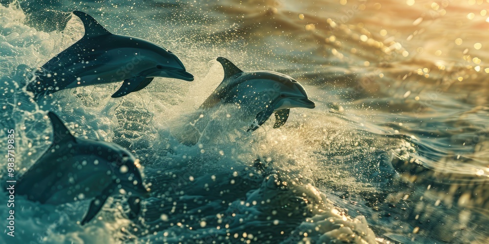 Fototapeta premium Dolphins playing in the wake of a vessel