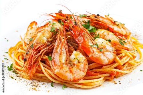 Wallpaper Mural A mouthwatering dish of prawn linguine, featuring plump, juicy prawns tossed in a rich tomato sauce and served on a bed of perfectly cooked spaghetti. This image captures the essence of Italian cuisin Torontodigital.ca