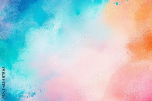  Abstract watercolor background with pastel blue, pink, sky blue, and orange hues blending in a soft gradient for a dreamy, artistic effect.