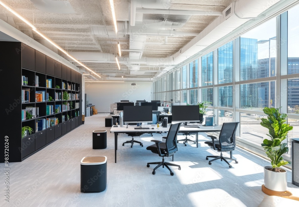 Modern office with ergonomic chairs, high-tech desks, large windows, bright lighting, plants, and minimalist furniture for a clean professional workspace